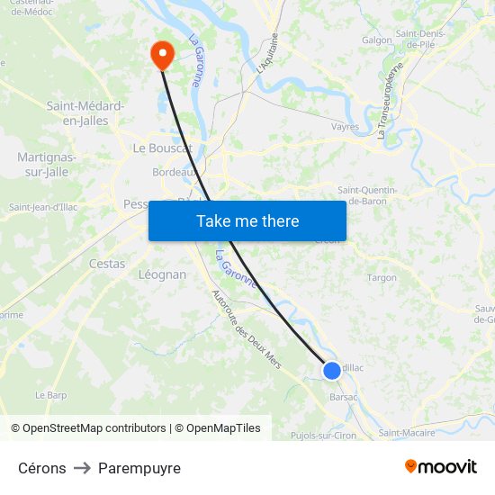 Cérons to Parempuyre map