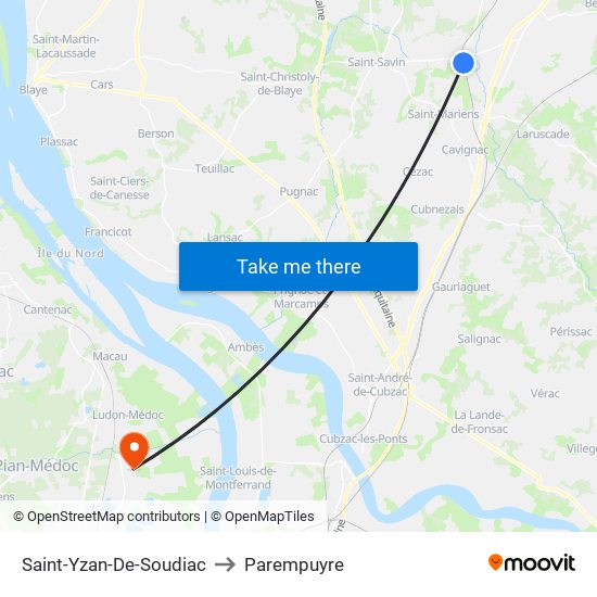 Saint-Yzan-De-Soudiac to Parempuyre map