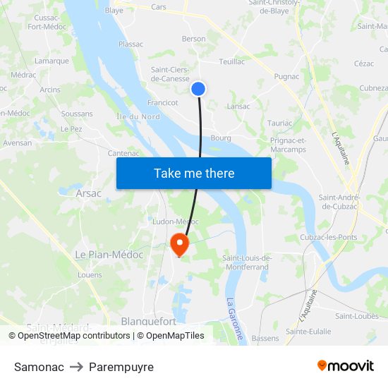 Samonac to Parempuyre map