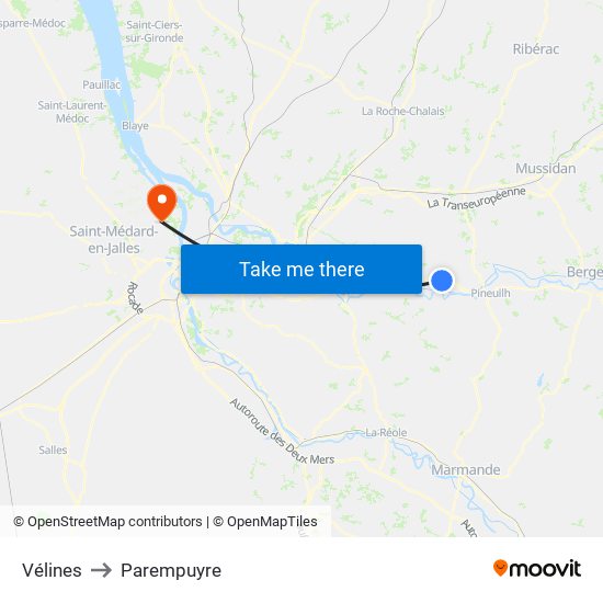 Vélines to Parempuyre map