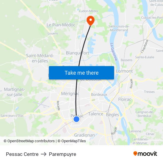 Pessac Centre to Parempuyre map