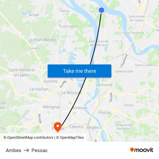 Ambes to Pessac map