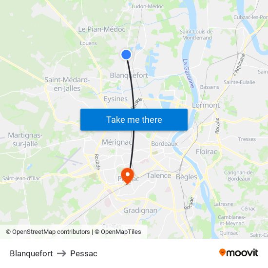 Blanquefort to Pessac map