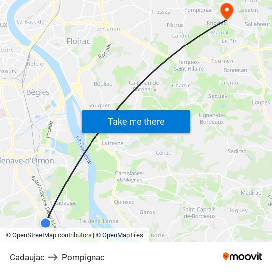 Cadaujac to Pompignac map