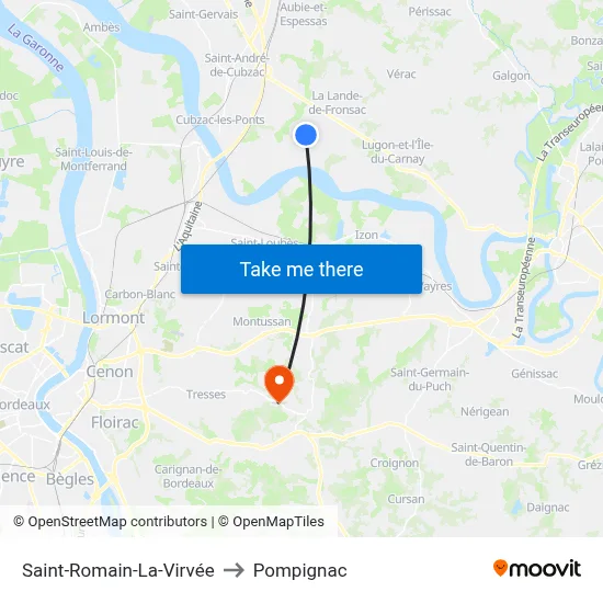Saint-Romain-La-Virvée to Pompignac map