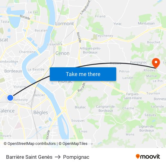 Barrière Saint Genès to Pompignac map