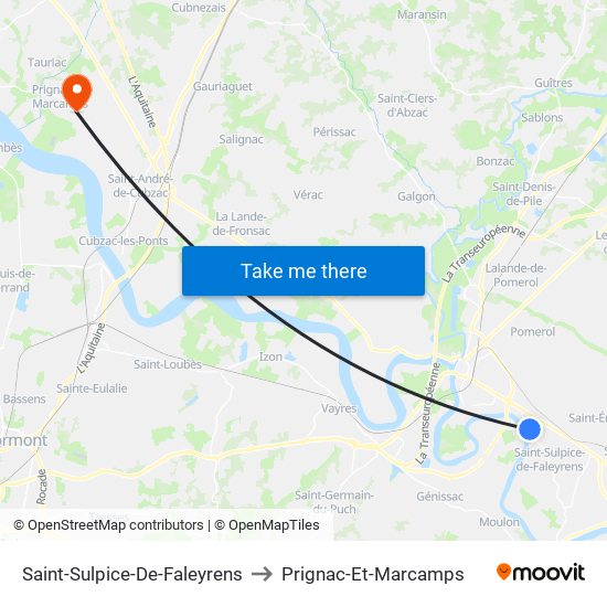 Saint-Sulpice-De-Faleyrens to Prignac-Et-Marcamps map