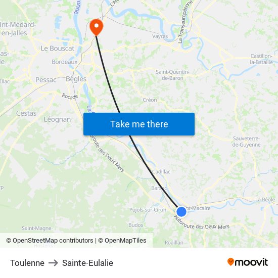 Toulenne to Sainte-Eulalie map