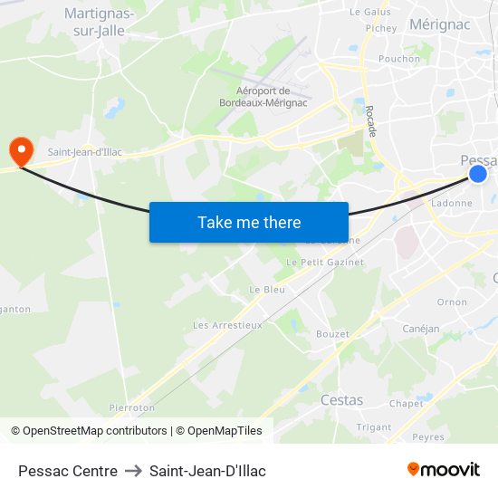 Pessac Centre to Saint-Jean-D'Illac map