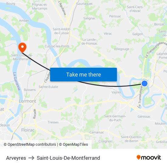 Arveyres to Saint-Louis-De-Montferrand map