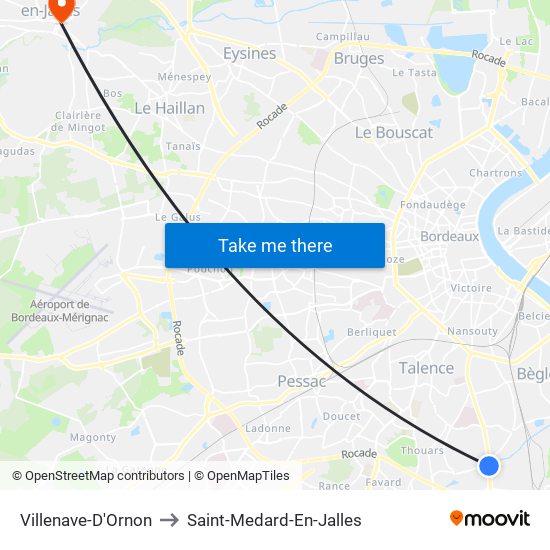 Villenave-D'Ornon to Saint-Medard-En-Jalles map