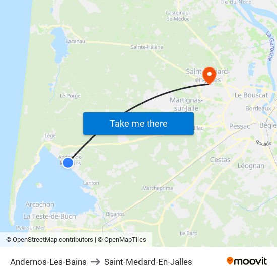 Andernos-Les-Bains to Saint-Medard-En-Jalles map