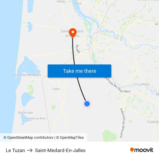 Le Tuzan to Saint-Medard-En-Jalles map