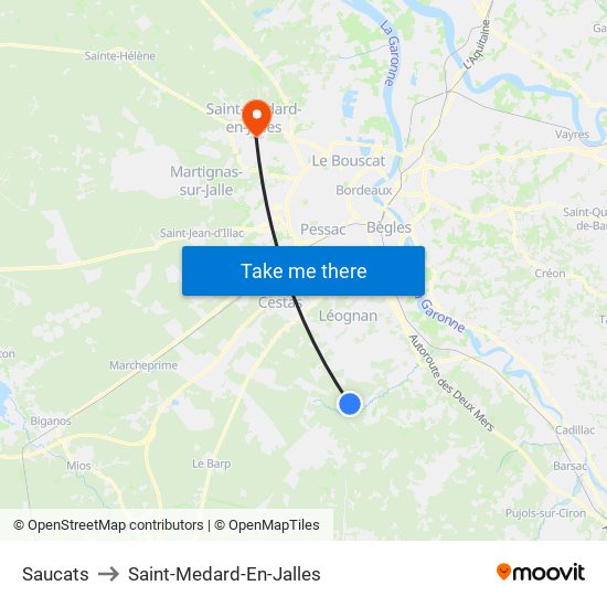 Saucats to Saint-Medard-En-Jalles map