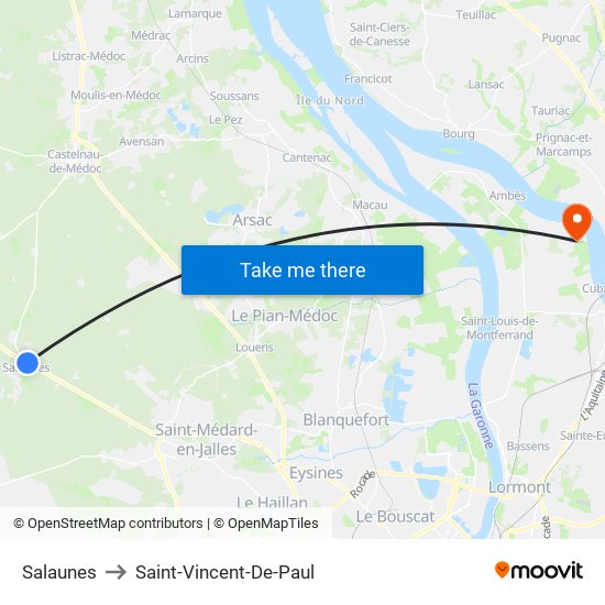 Salaunes to Saint-Vincent-De-Paul map