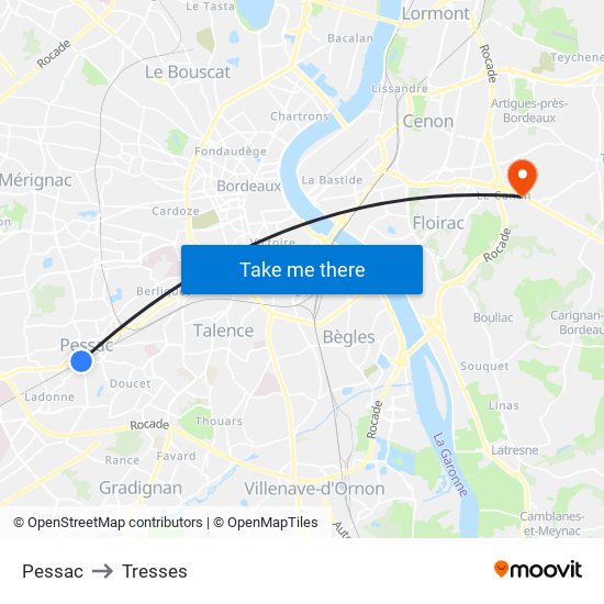 Pessac to Tresses map
