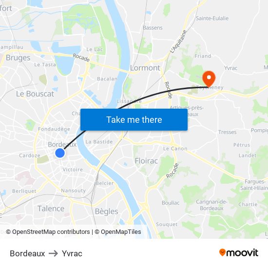Bordeaux to Yvrac map