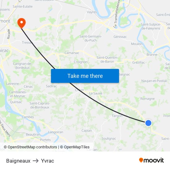 Baigneaux to Yvrac map