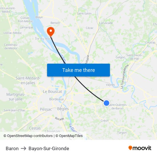 Baron to Bayon-Sur-Gironde map