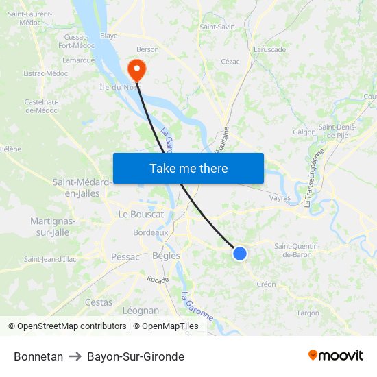 Bonnetan to Bayon-Sur-Gironde map