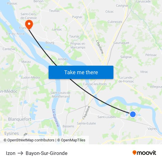 Izon to Bayon-Sur-Gironde map