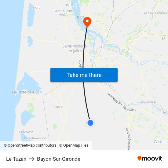 Le Tuzan to Bayon-Sur-Gironde map