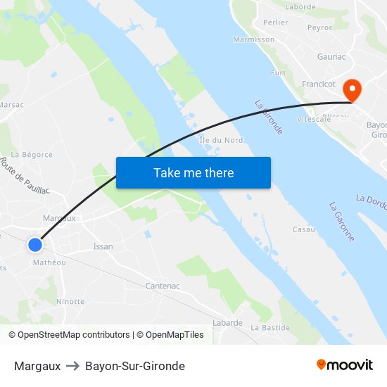 Margaux to Bayon-Sur-Gironde map