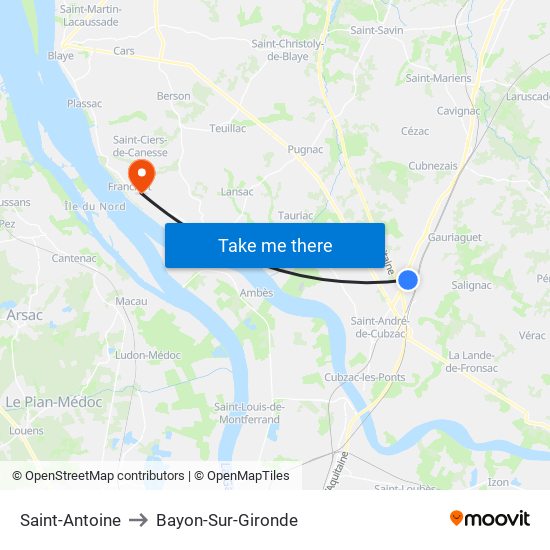 Saint-Antoine to Bayon-Sur-Gironde map