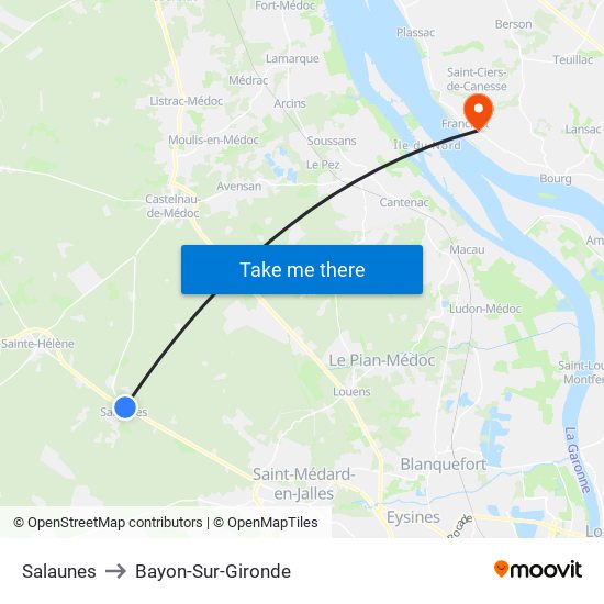 Salaunes to Bayon-Sur-Gironde map