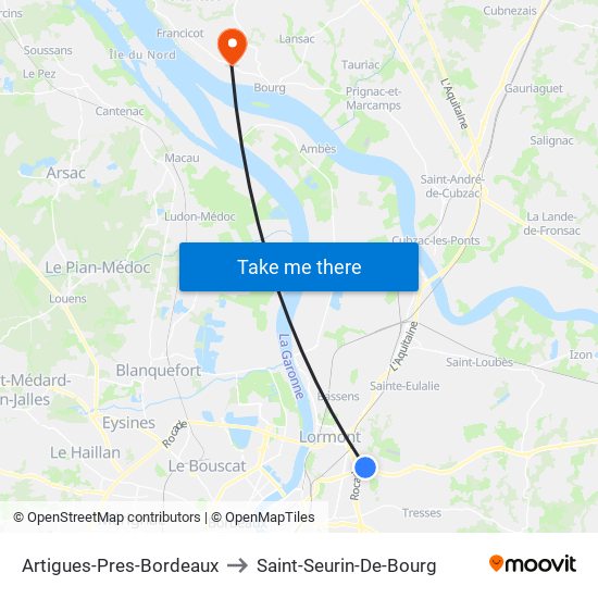 Artigues-Pres-Bordeaux to Saint-Seurin-De-Bourg map