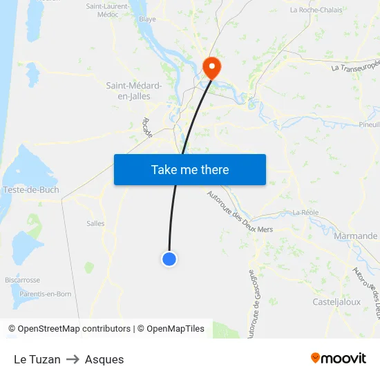 Le Tuzan to Asques map