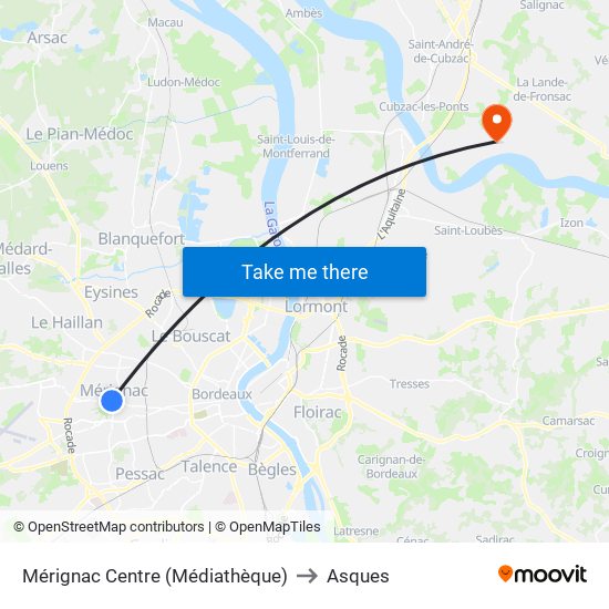 Mérignac Centre (Médiathèque) to Asques map