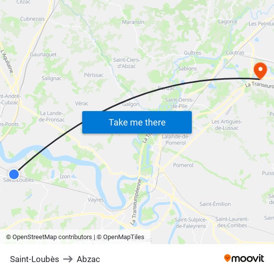 Saint-Loubès to Abzac map