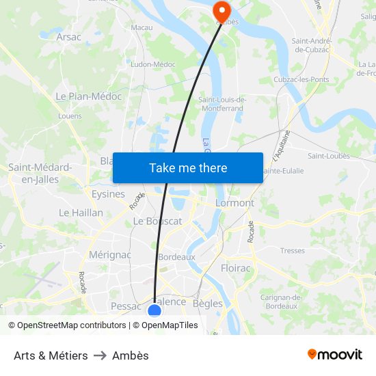 Arts & Métiers to Ambès map