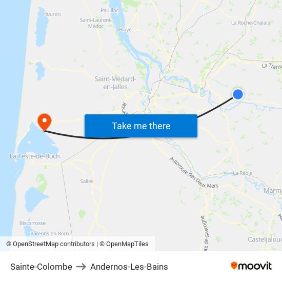 Sainte-Colombe to Andernos-Les-Bains map