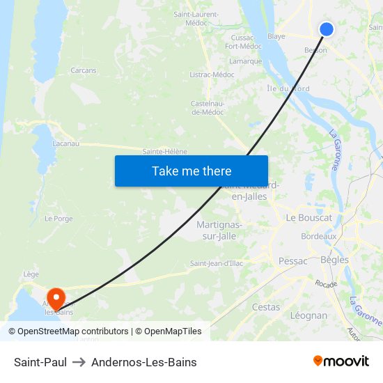 Saint-Paul to Andernos-Les-Bains map