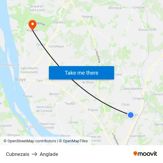 Cubnezais to Anglade map