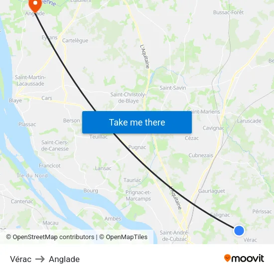 Vérac to Anglade map