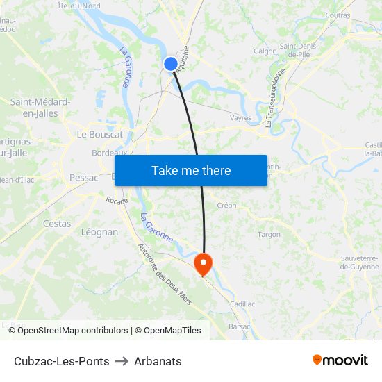 Cubzac-Les-Ponts to Arbanats map