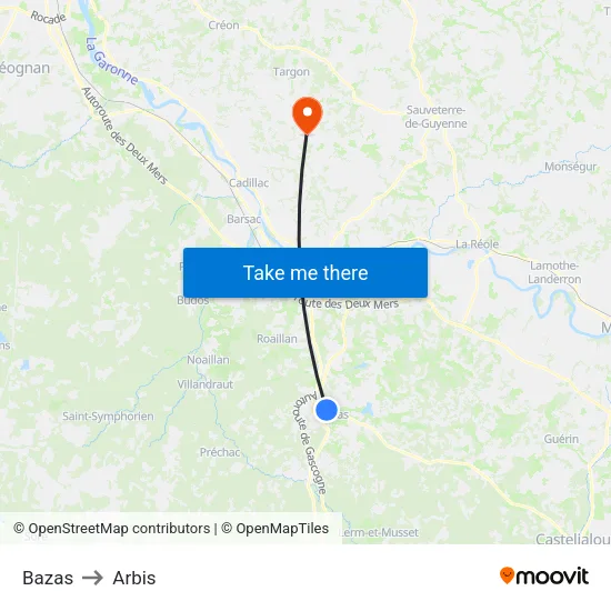 Bazas to Arbis map