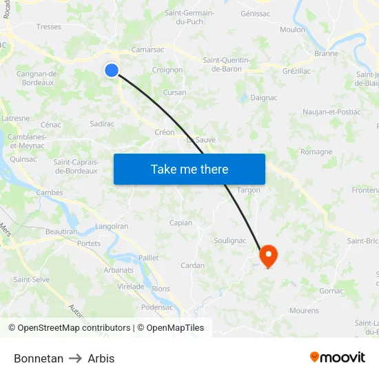 Bonnetan to Arbis map