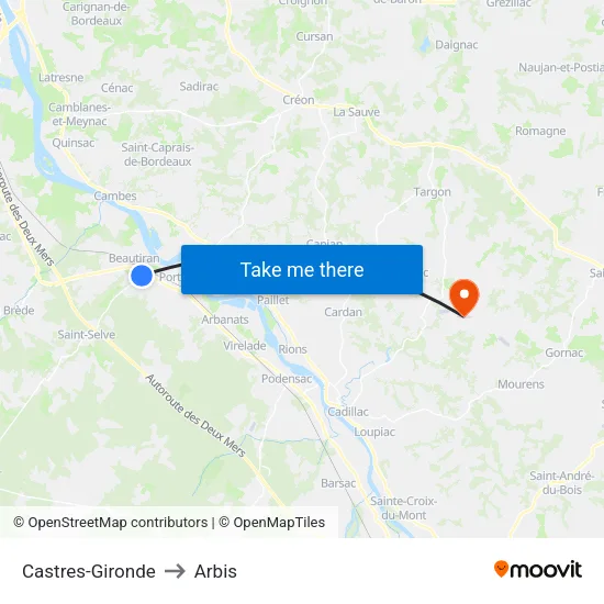 Castres-Gironde to Arbis map