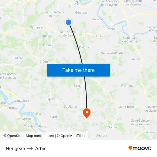 Nérigean to Arbis map