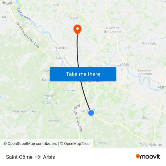 Saint-Côme to Arbis map