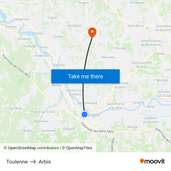 Toulenne to Arbis map