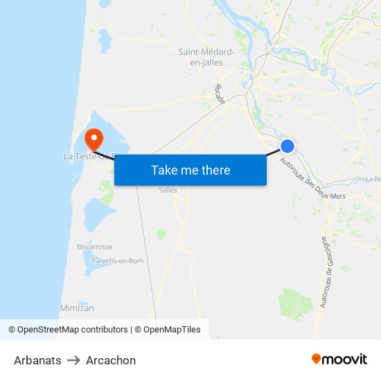 Arbanats to Arcachon map