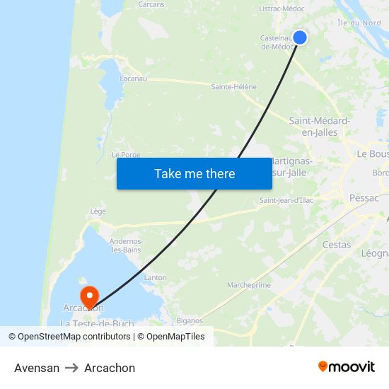 Avensan to Arcachon map