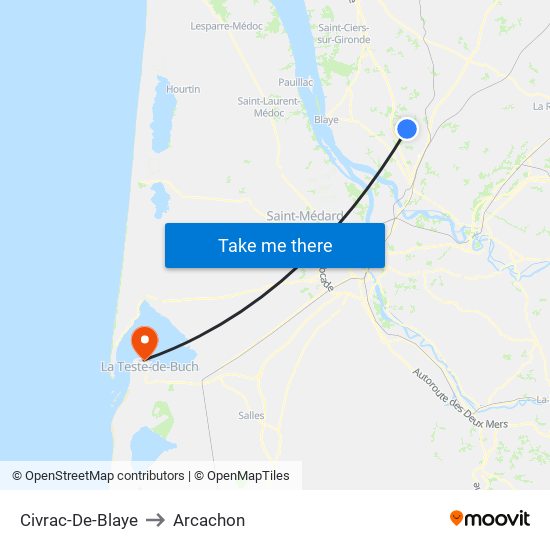 Civrac-De-Blaye to Arcachon map