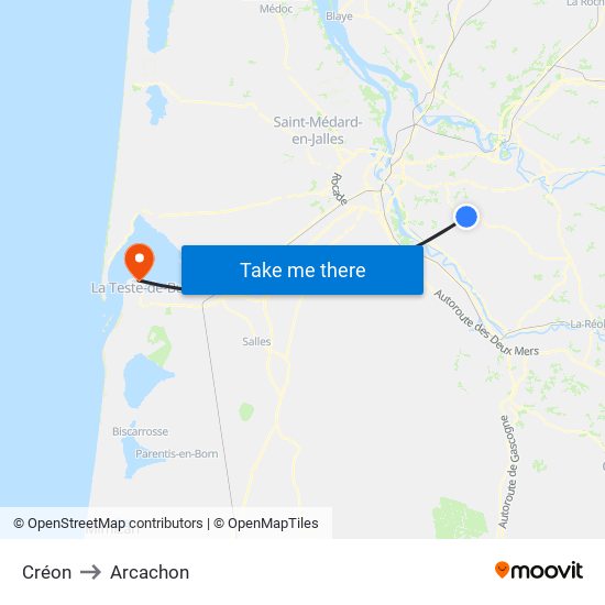 Créon to Arcachon map