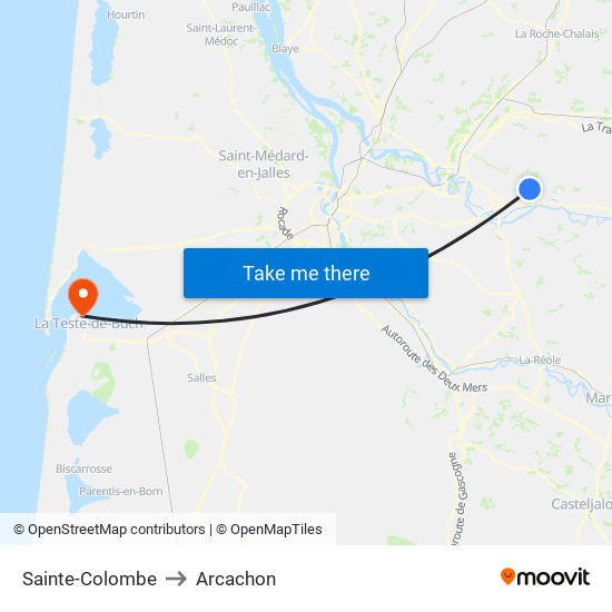 Sainte-Colombe to Arcachon map